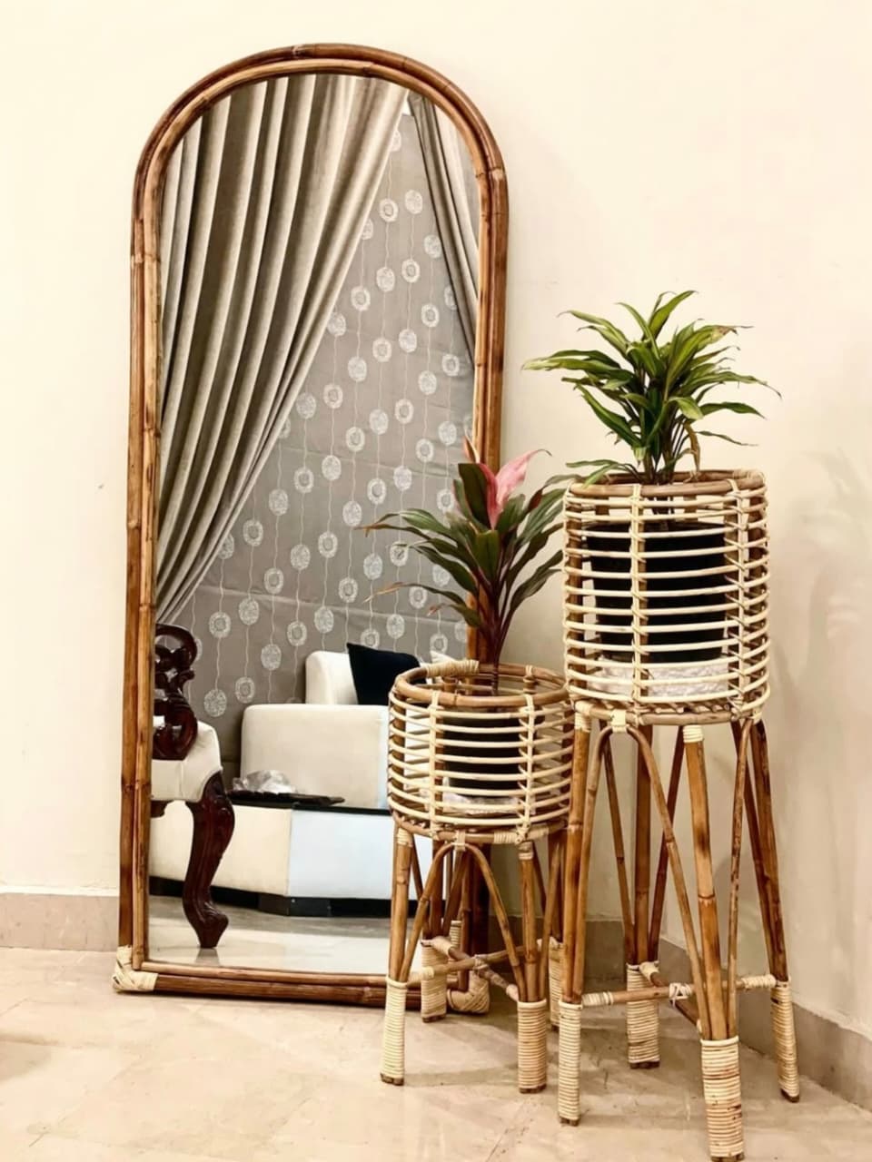 Arch Cane Mirror & Rattan Planter Set