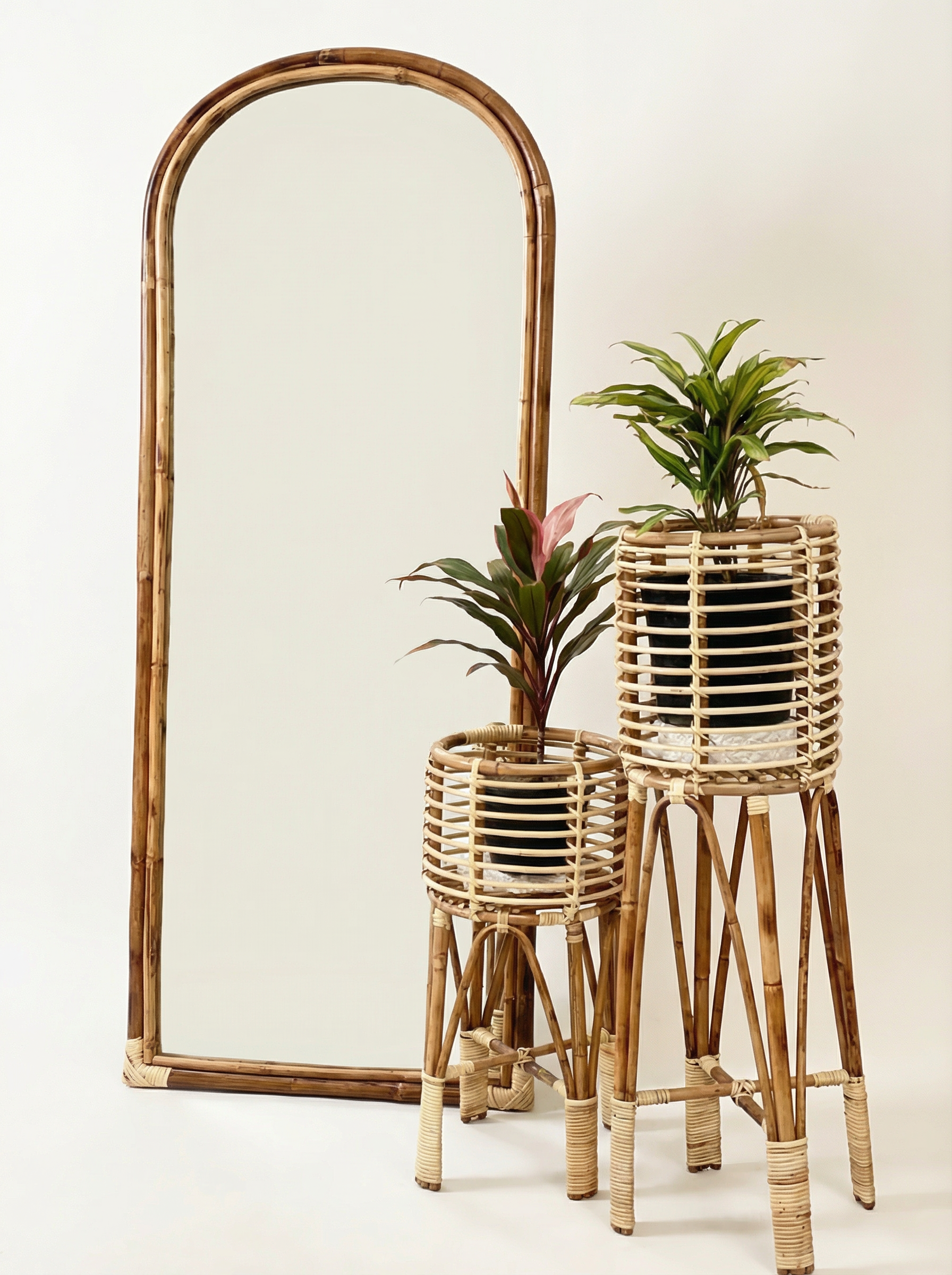 Arch Cane Mirror & Rattan Planter Set